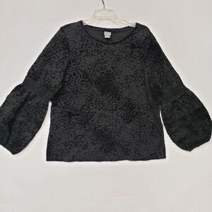 Chicos 3 Size XL Black Tunic Pullover Top Textured Strtech Puff Balloon Sleeve